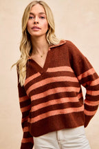 BiBi Striped Sweater Top – Trendy Collared Knit with Stitched Details