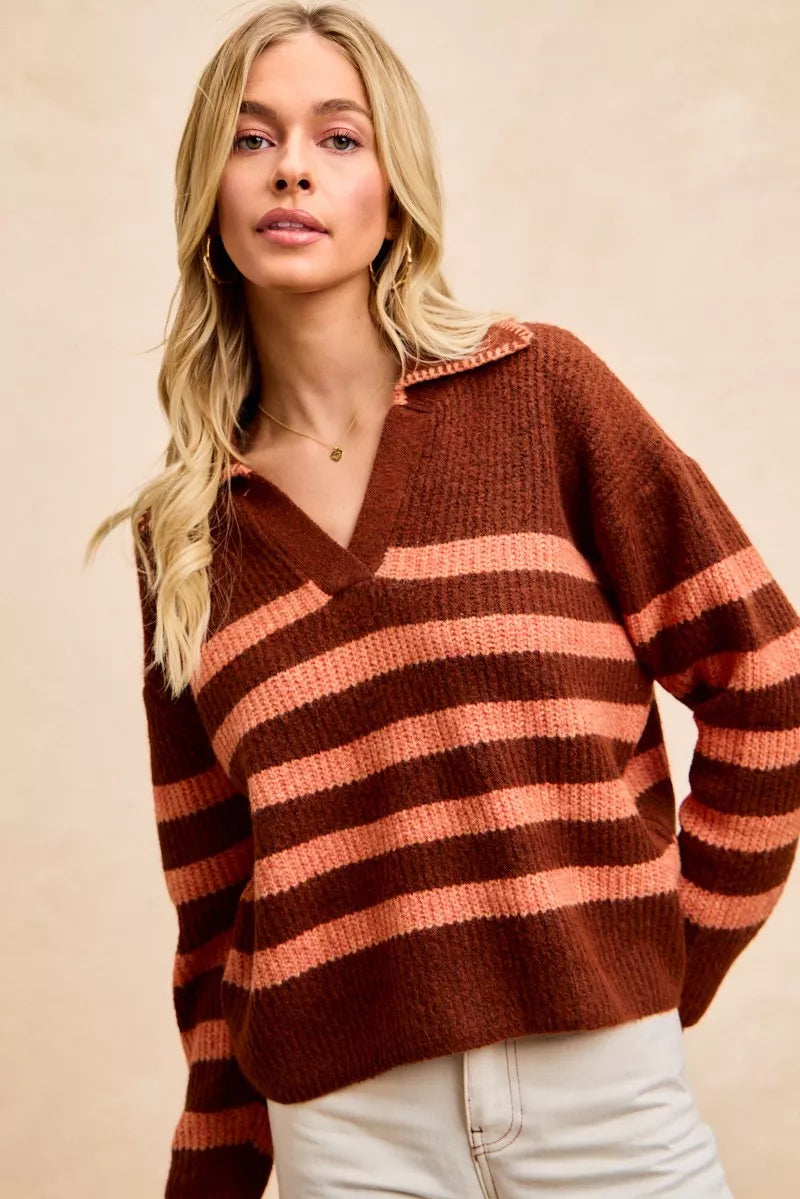 BiBi Striped Sweater Top – Trendy Collared Knit with Stitched Details