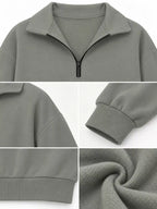 Oversized zip-neck sweatshirt in olive-gray, half-zip and soft knit collar detail