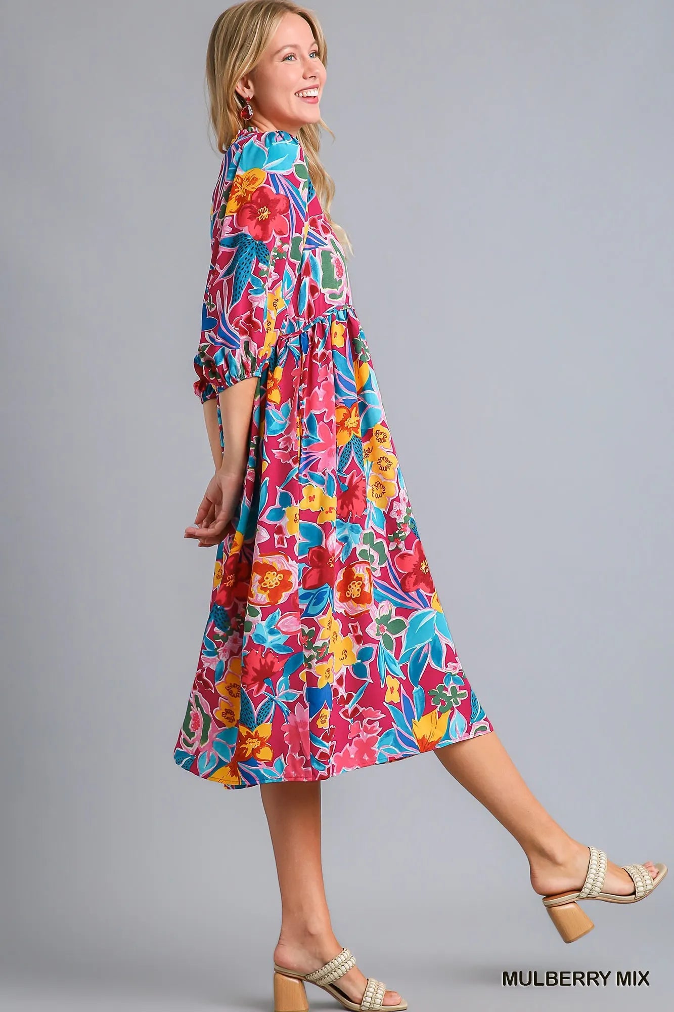Floral Print Tie Neck Midi Dress with Pockets – Elegant & Chic