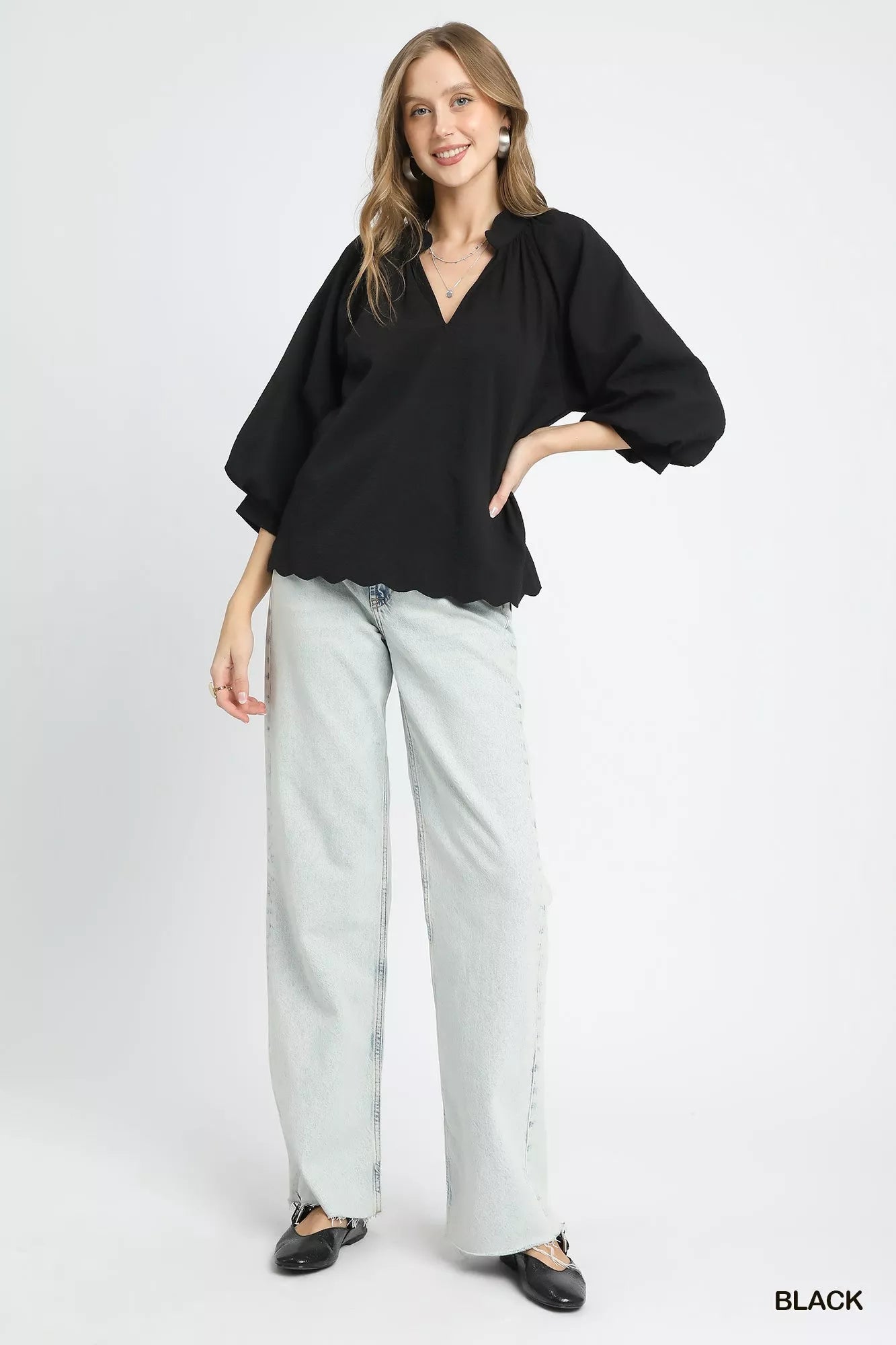 Umgee Textured Balloon Sleeve Blouse – Chic Notched Statement Top