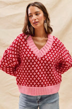 Color Block Textured Christmas Sweater V-Neck