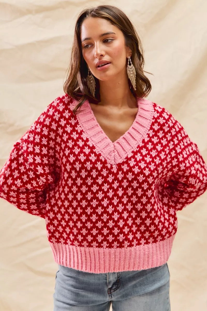 Color Block Textured Christmas Sweater V-Neck