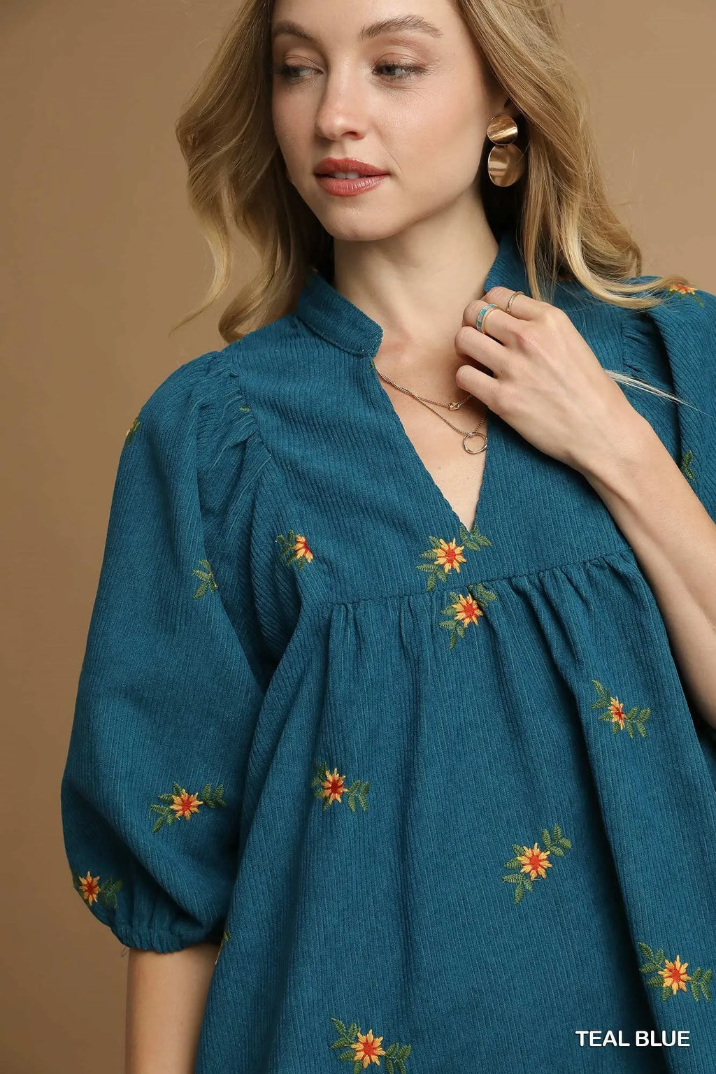 Teal Embroidered Peasant Dress – V-Neck Mini with Puff Sleeves