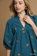 Teal Embroidered Peasant Dress – V-Neck Mini with Puff Sleeves