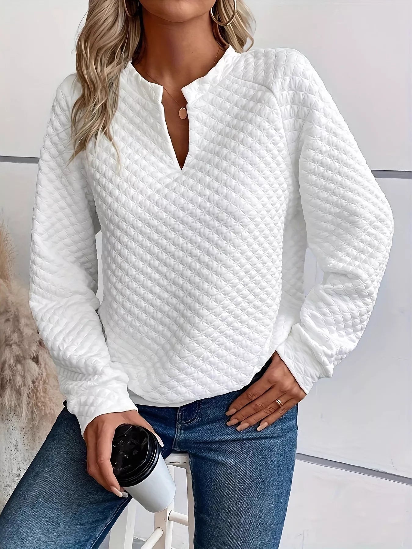 Notched Raglan Sleeve Sweatshirt – Casual Cozy Pullover