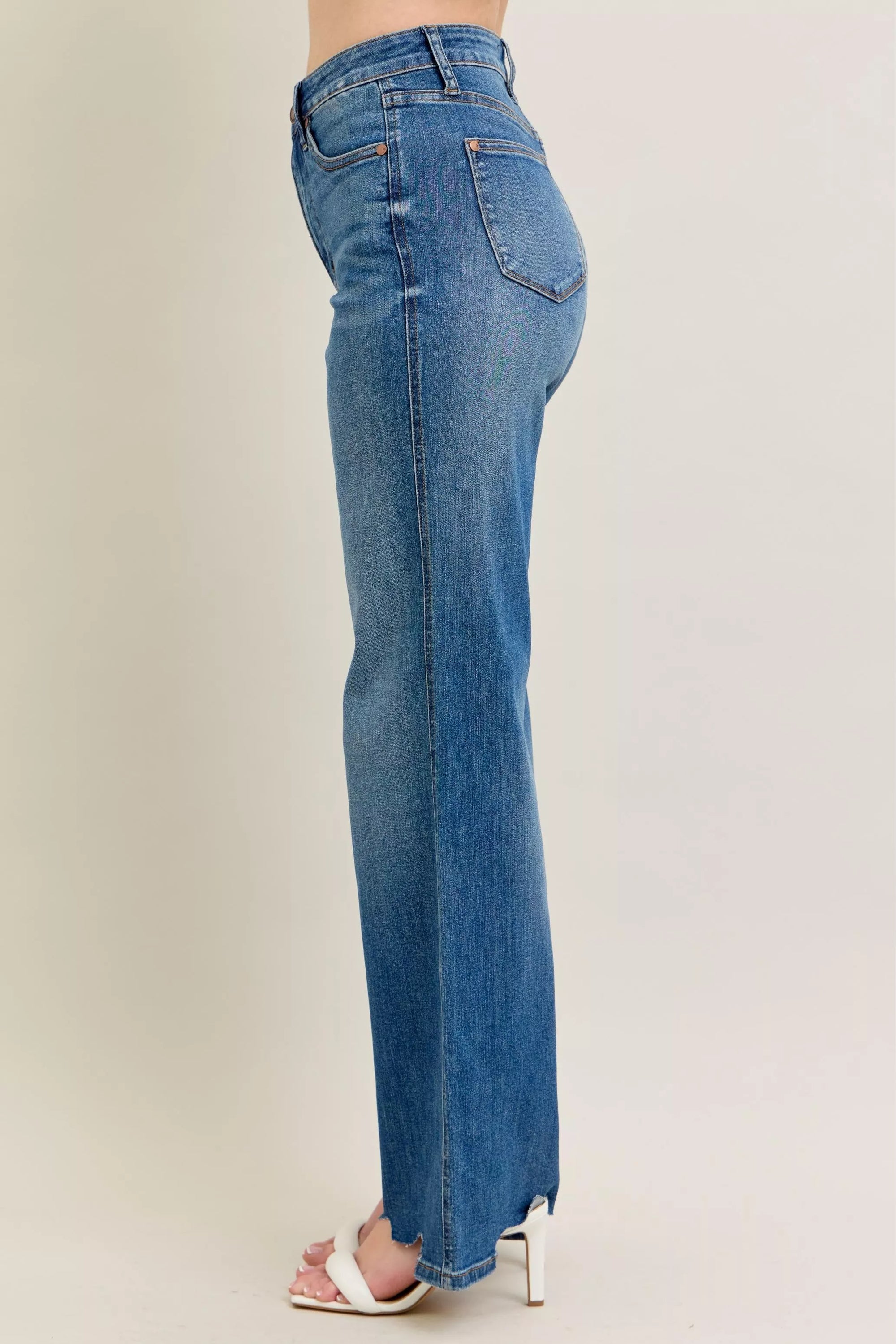 Judy Blue High Waist Tummy Control Wide Jeans – Chew Hem Destroyed