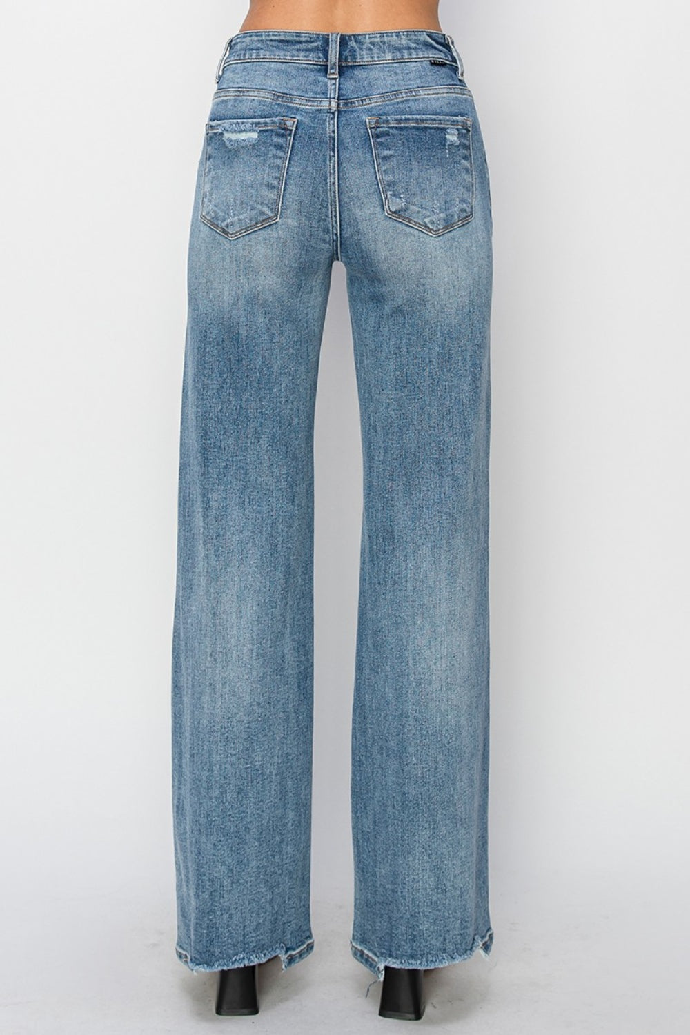 Risen High Waist Distressed Wide Leg Jeans