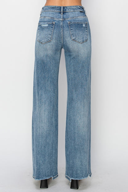 Risen High Waist Distressed Wide Leg Jeans