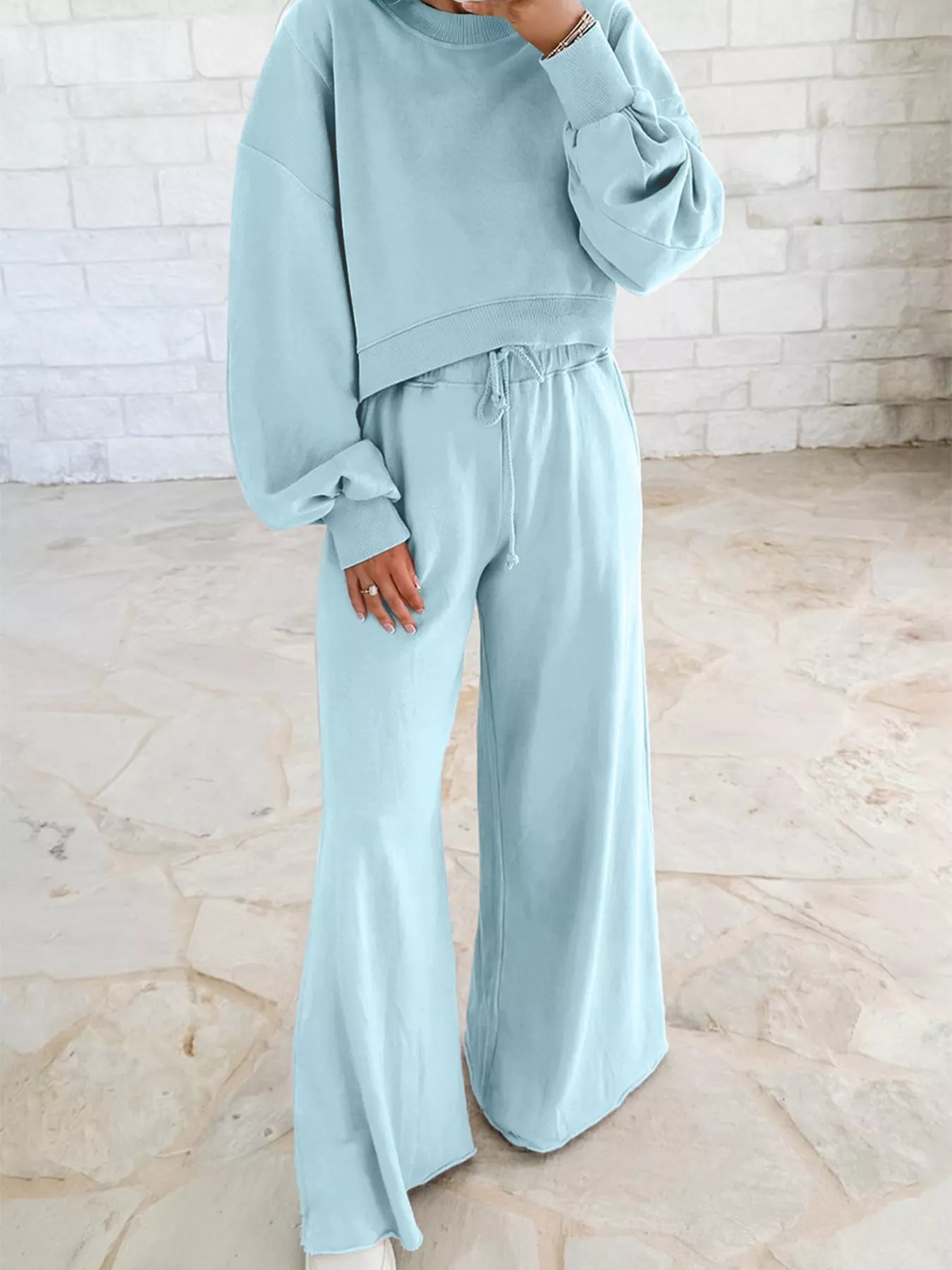 Puff Sleeve Crop Top & Drawstring Wide Leg Pants Set – Chic & Comfy