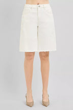 Cream denim bermuda shorts with floral embroidery and button closure, relaxed fit