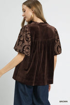 Bohemian Velvet Blouse with Embroidered Sleeves Brown Elegant Top