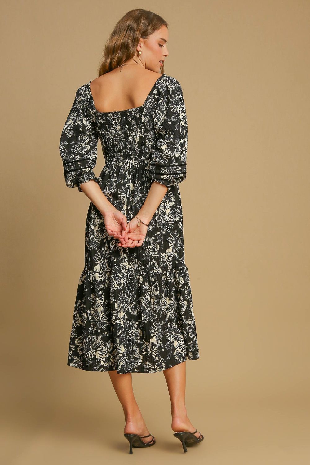 Umgee Ruffle Hem Flower Printed V Neck Dress