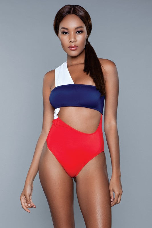 Two-tone one-piece swimsuit with one-shoulder bandeau and waist cut-out, navy top and red bottom