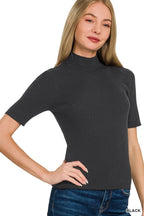 Black ribbed mock-neck short-sleeve sweater top, front angled