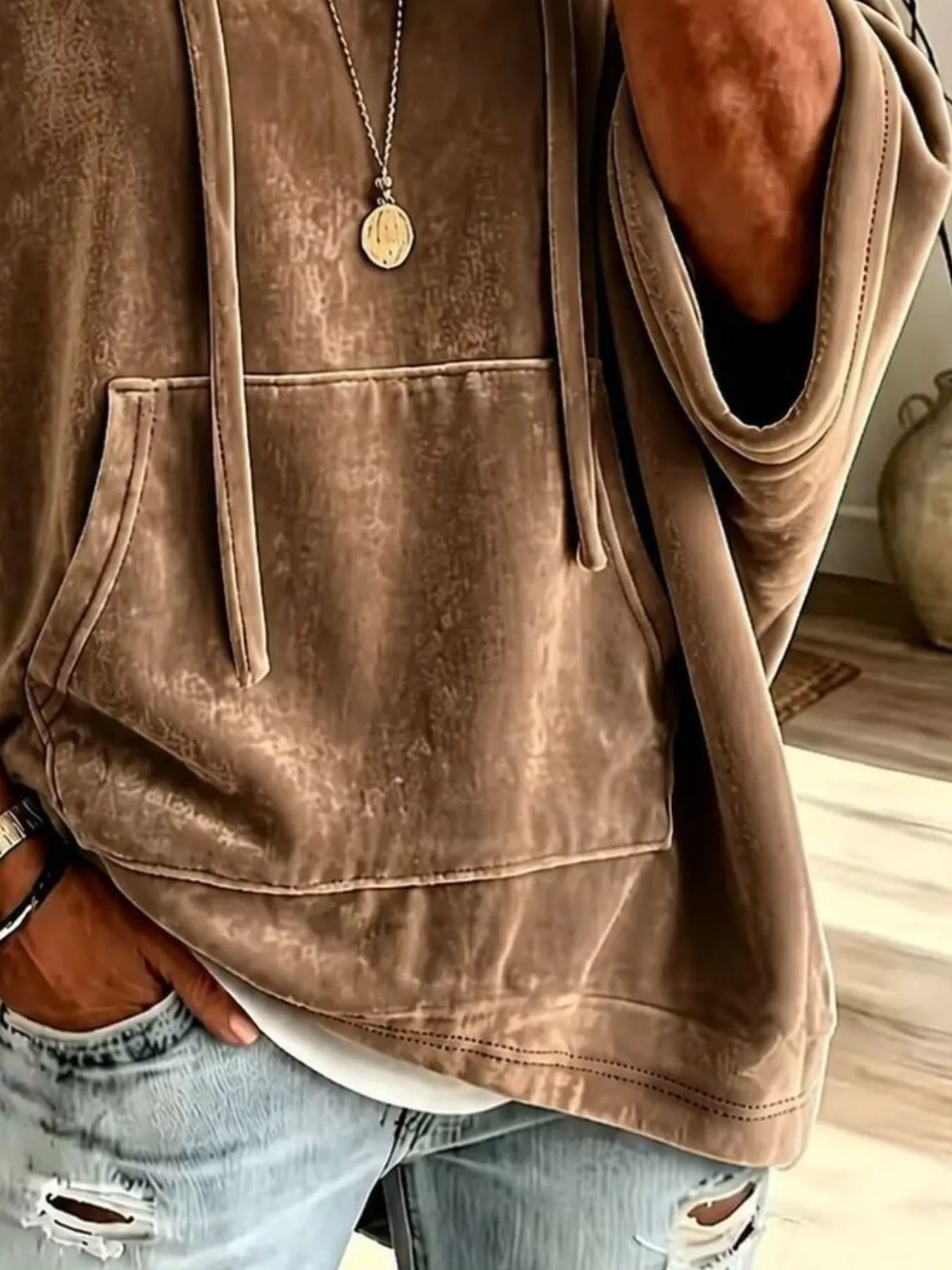 Camel velvet kangaroo pocket hoodie with hood and kangaroo front pocket