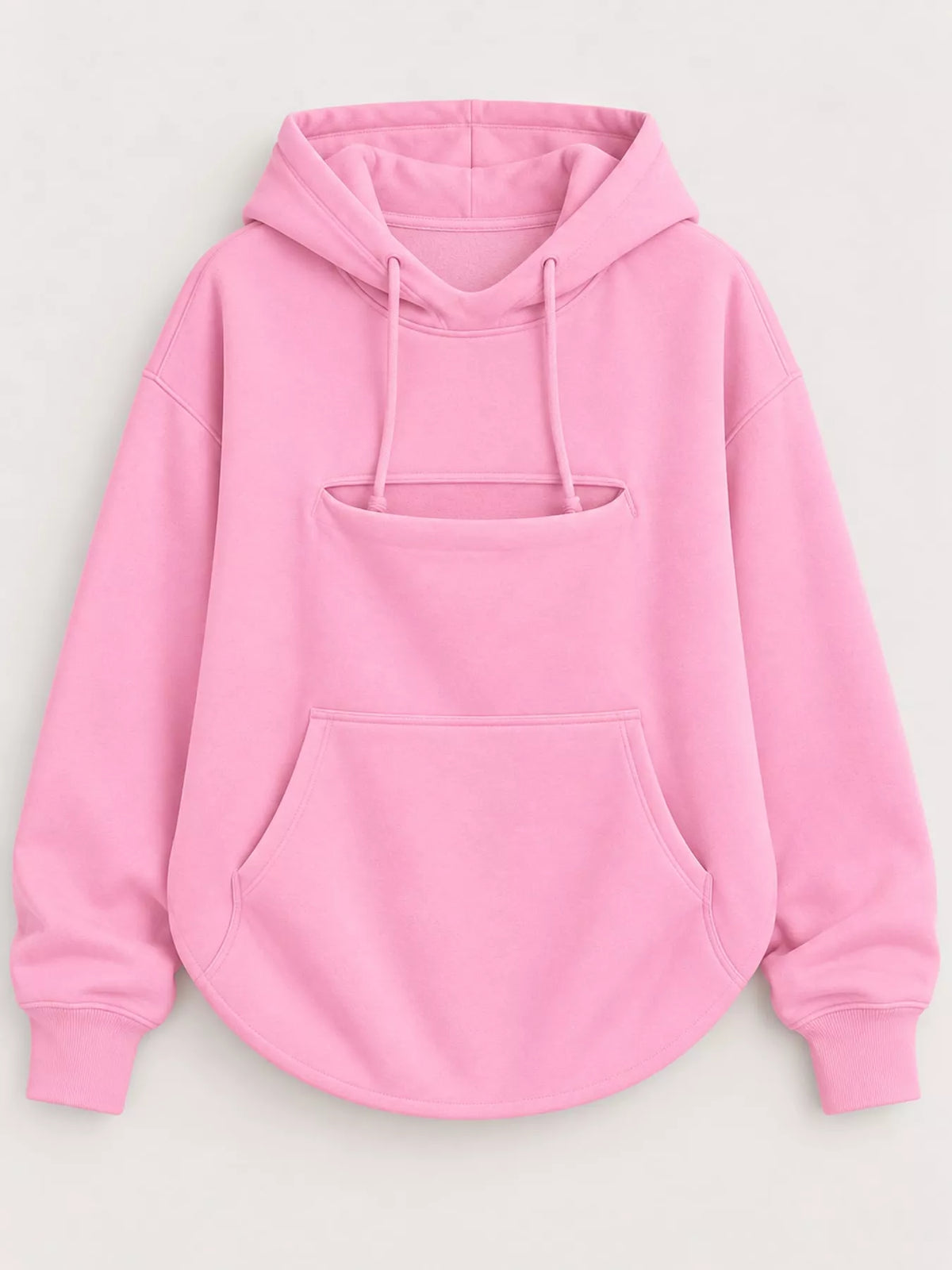 Pink cat pouch drawstring hoodie with hood and kangaroo-style pocket, flat lay