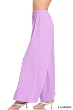 Lavender women's wide-leg pants with elastic waistband, flowy lightweight woven texture