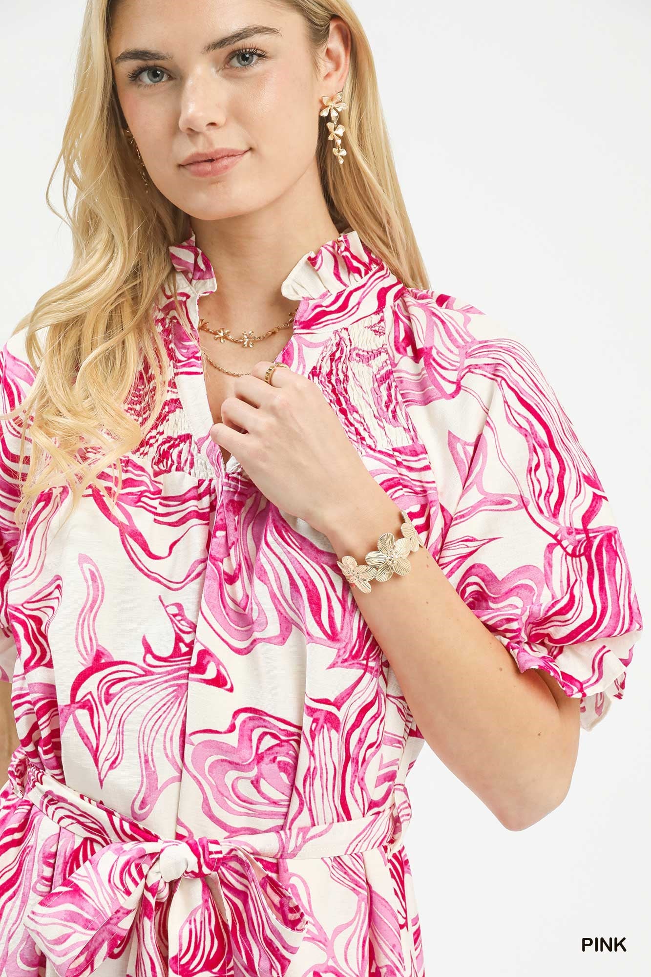 Pink abstract print midi dress with smocked neckline and gathered tie waist detail