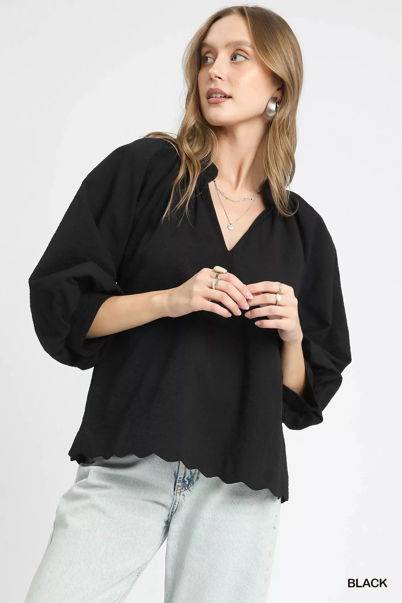 Umgee Textured Balloon Sleeve Blouse – Chic Notched Statement Top