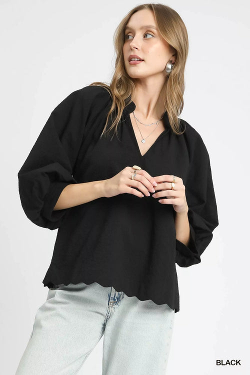 Umgee Textured Balloon Sleeve Blouse – Chic Notched Statement Top