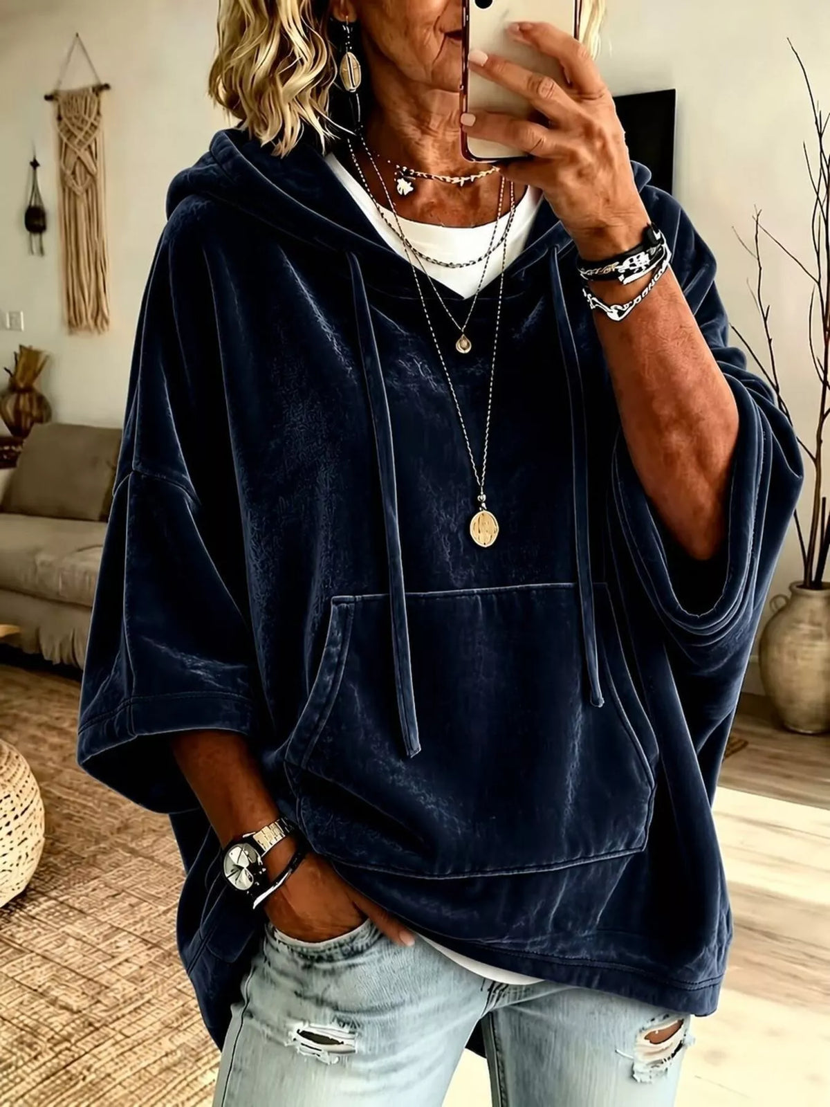 Navy velvet kangaroo pocket hoodie with hood and drawstring front ties