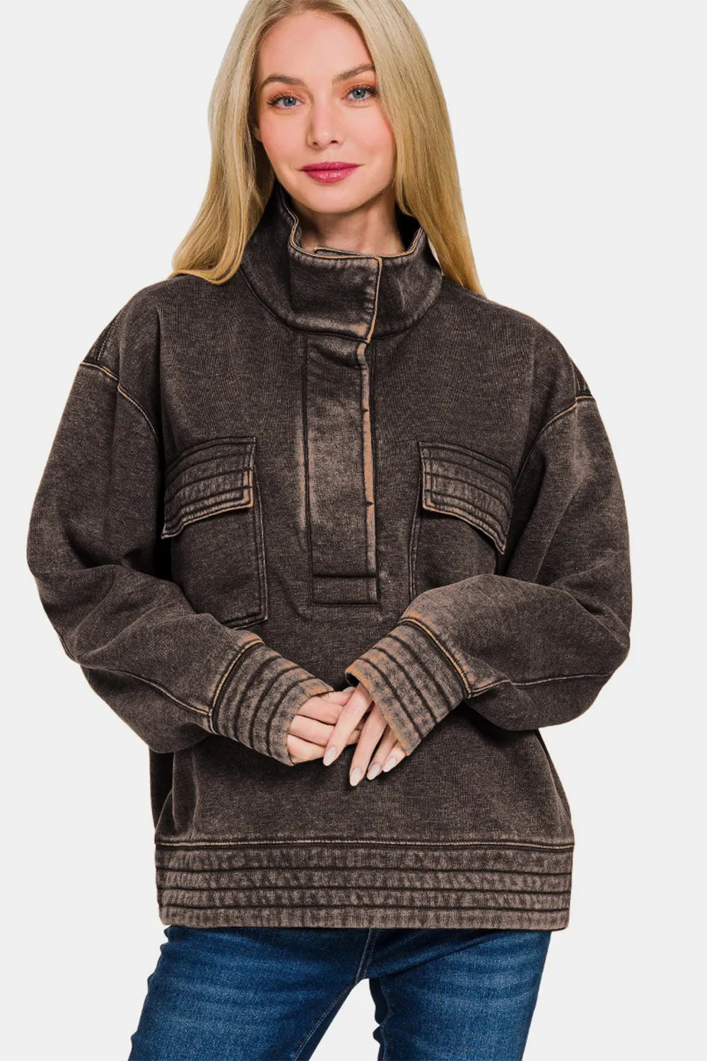 Acid Washed Half Snap Fleece Sweatshirt – Trendy Women’s Casual Pullover