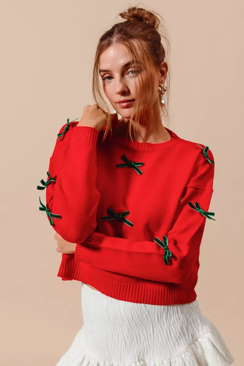Ribbon Bow Applique Sweater – Feminine Cozy Winter Knitwear