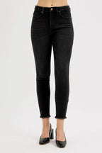 High-Waisted Black Skinny Jeans – Raw Hem Stretch Denim