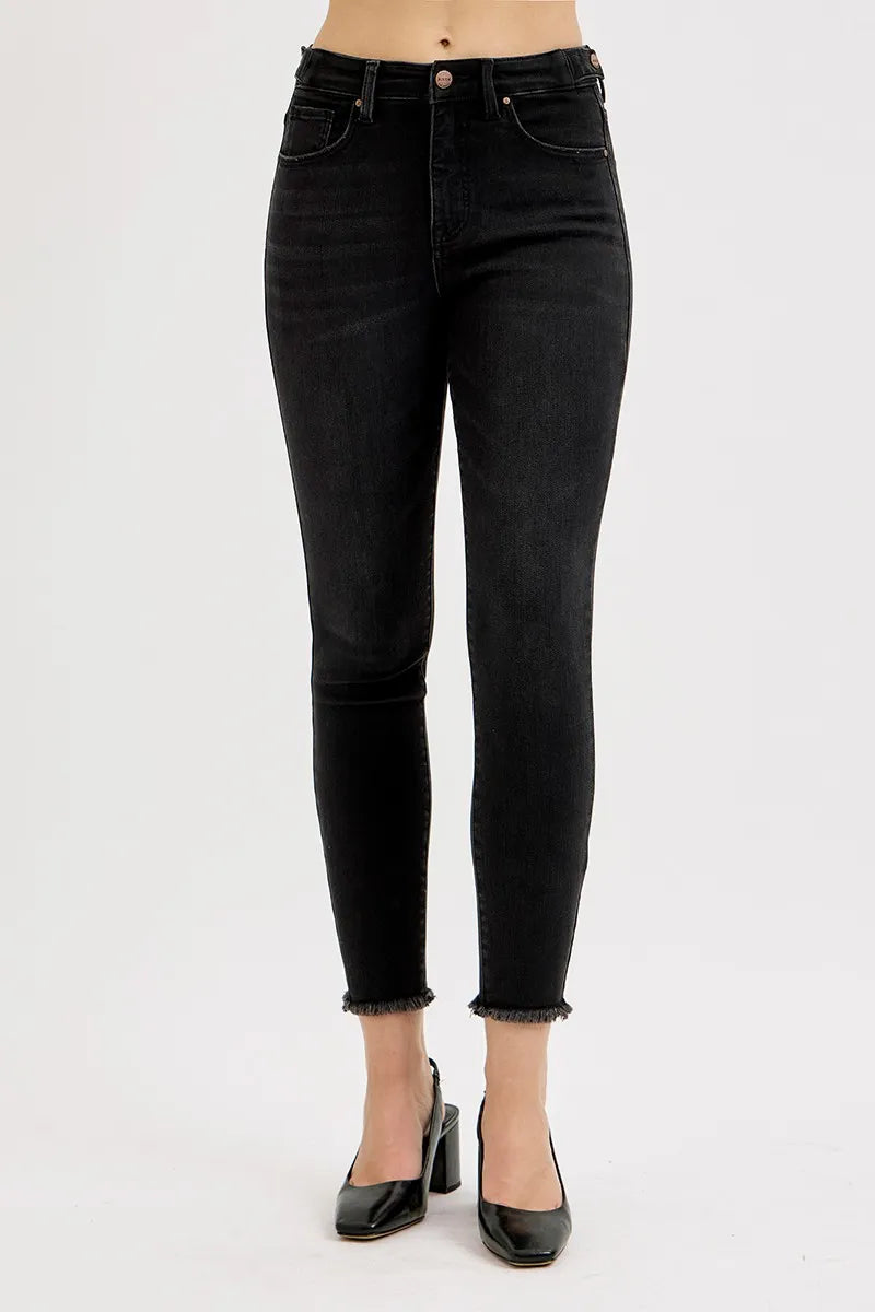 High-Waisted Black Skinny Jeans – Raw Hem Stretch Denim