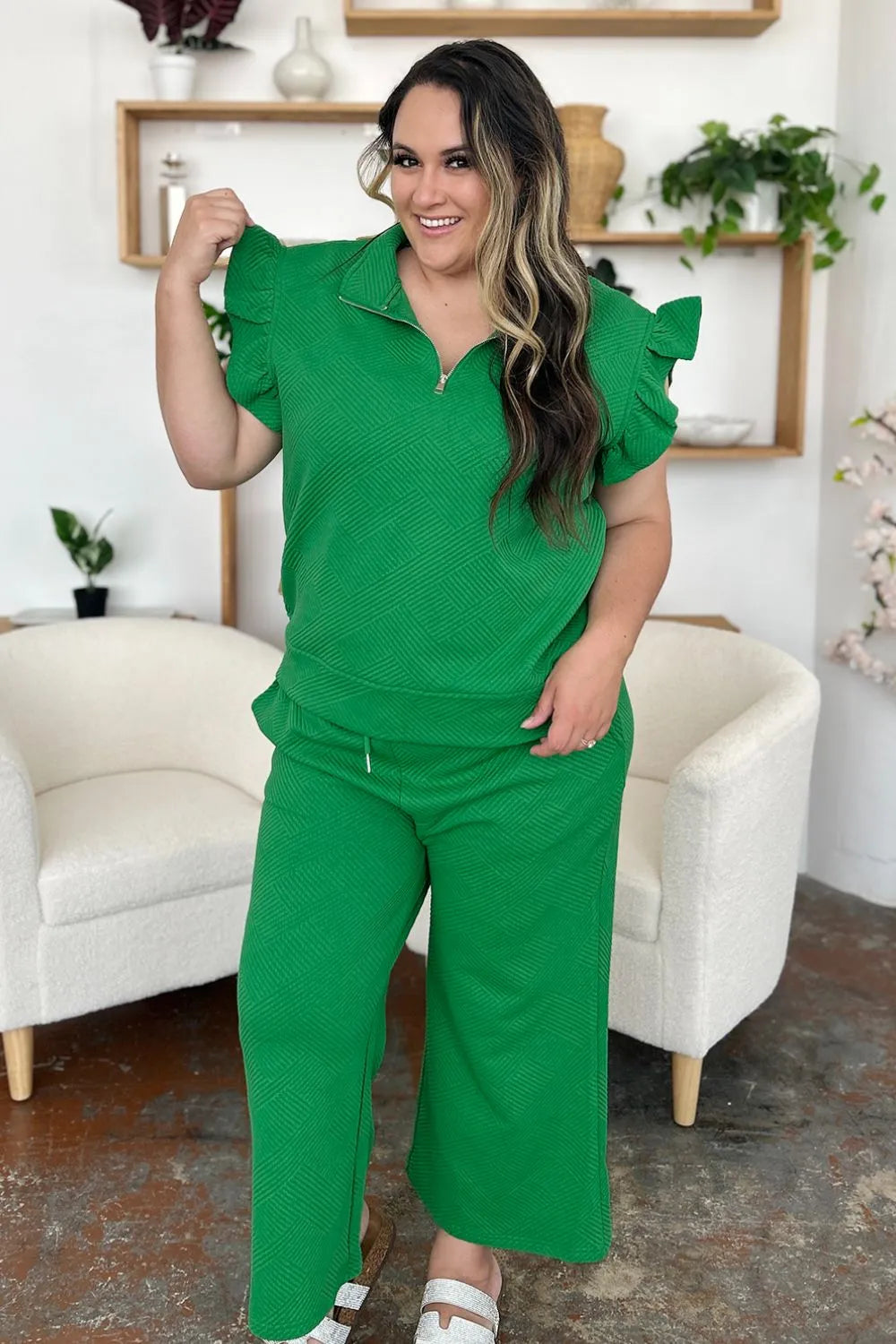 Ruffle Sleeve Top & Wide-Leg Pants Set – Chic, Comfy & Effortless