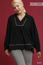 Linen Scallop Hem Blouse with Contrast Trim | Chic Women’s Casual Top