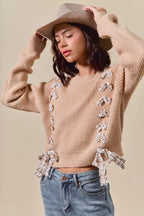 SO ME Checkered Plaid Lace Up Sweater – Trendy Ribbed Knit Style