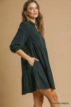 Hunter Green Tiered V-Neck Dress – Balloon Sleeve Flowy Short Dress