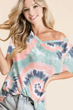 Tie-Dye Terry V-Neck Short Sleeve Top Trendy Women’s Casual Summer Shirt
