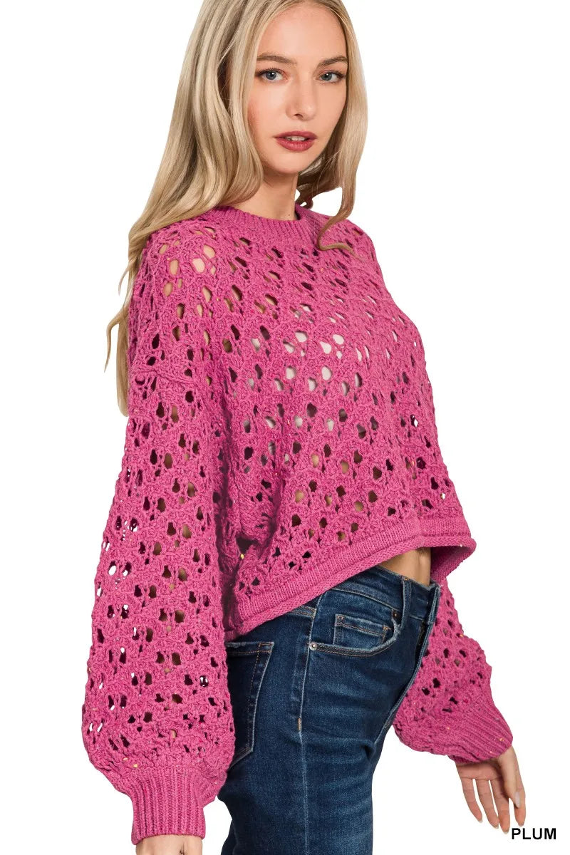 Oversized Cropped Crochet Knit Sweater Trendy & Boho Layering Piece