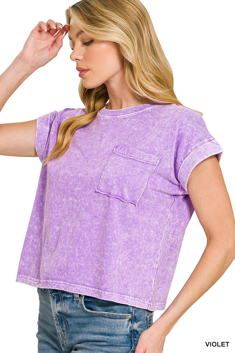 Violet snow-washed cotton cuffed tee with chest pocket, short sleeves, crew neck