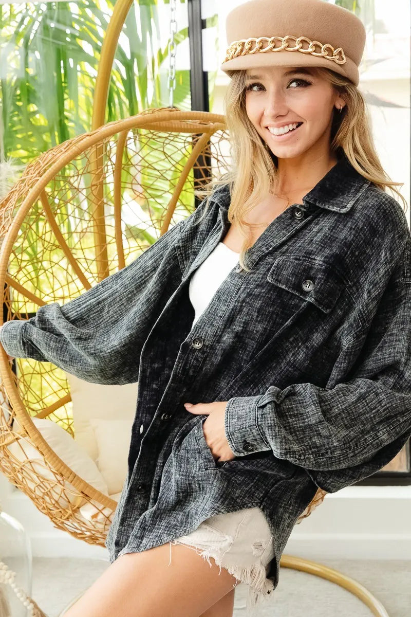 Oversized Distressed Denim Jacket – Vintage Wash & Raw Hem Style