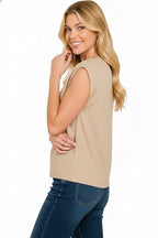 Women's light mocha round-neck viscose sweater vest, sleeveless, front view