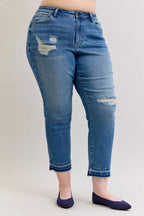 Judy Blue Mid Rise Boyfriend Patch & Repair Jeans – Edgy Denim Style