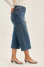 Mid-wash wide-crop jeans with relaxed wide leg and stitched back yoke