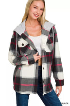Women’s plaid hooded fleece shacket, black red gray, button front, flap chest pockets