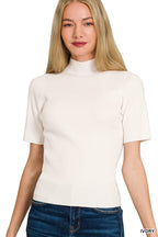 Ivory ribbed mock neck short-sleeve sweater with fitted knit and ribbed texture