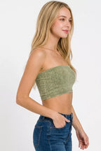 Washed ribbed seamless tube top in ash olive, side profile with cropped bandeau fit