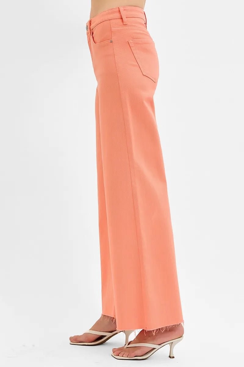 Coral Pink Wide Leg Jeans – High Waist Stretch Denim