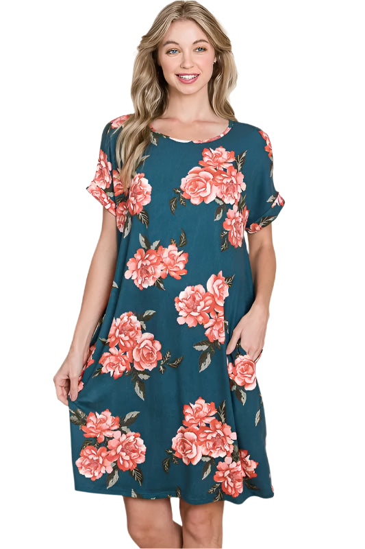 BOMBOM Floral Round Neck Short Tee Dress with Pockets