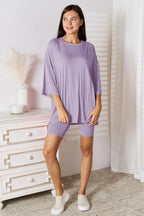 Lavender rayon 3/4 sleeve top and matching shorts set, relaxed lounge fit