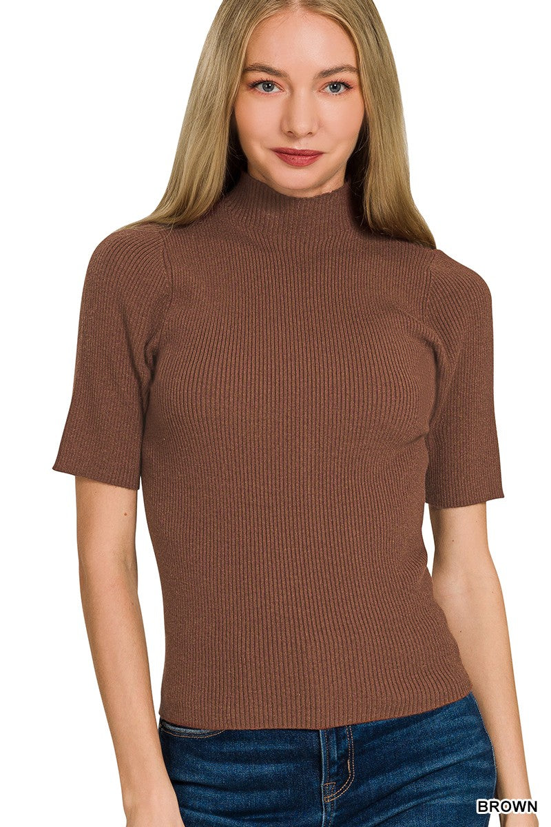 Brown ribbed mock neck sweater with short sleeves