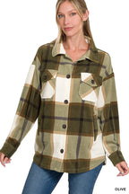 Olive Green Plaid Flannel Jacket Soft Relaxed Fit Button-Up Layer
