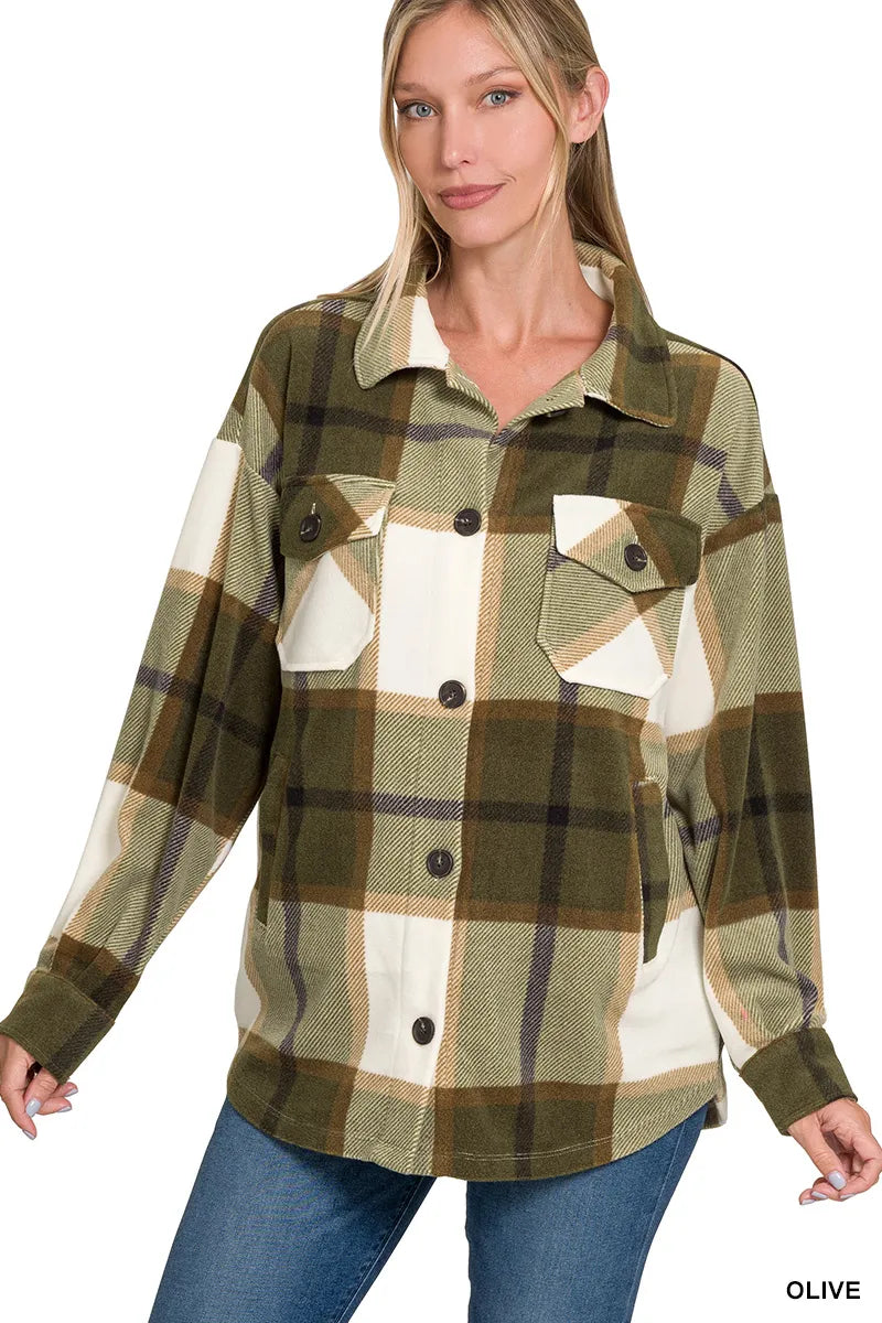 Olive Green Plaid Flannel Jacket Soft Relaxed Fit Button-Up Layer